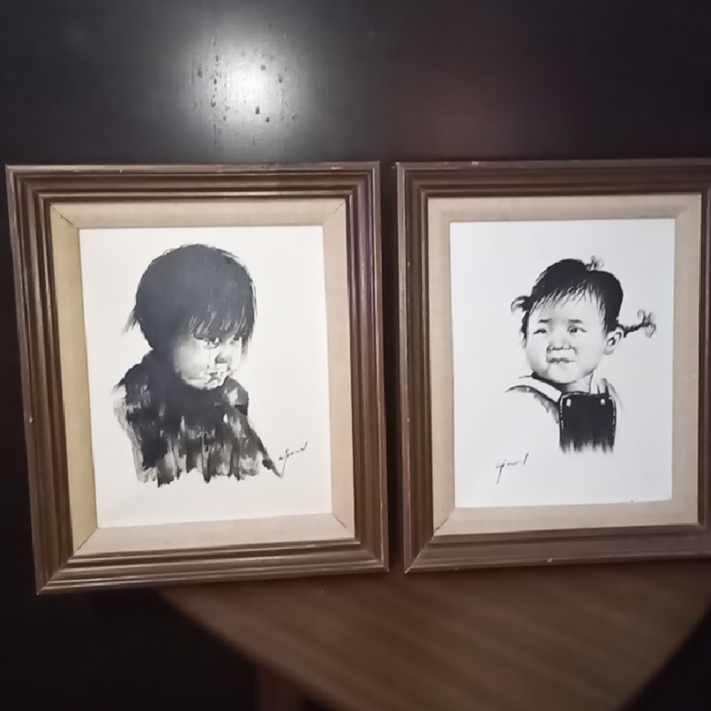 Vintage Framed Black/White Oil Paintings-Child PortraitS Canvas Asian or Inuit